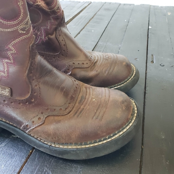 Justin Boots Women's 6 6B Brown Leather Fat Boy Cowgirl Boots Pink Stitching - Picture 8 of 12